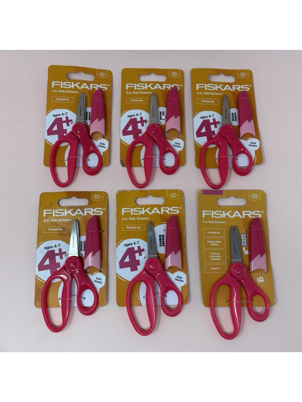 Lot of 6 FISKARS Kids 5” Right-Handed Scissors & Eraser Sheath Pointed-Tip PINK